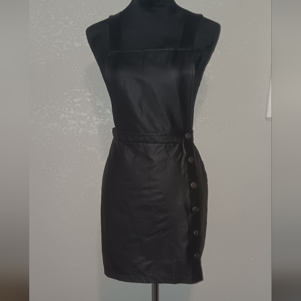 Black Faux Leather Button-Up Overalls Dress